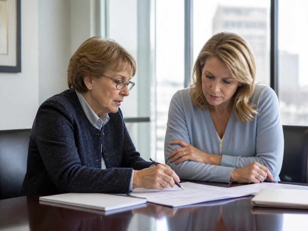 Attorney reviewing Medicaid documents with a client's daughter